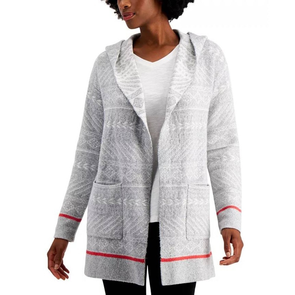 Style & Co Womens XL Grey Hooded Fair Isle Open Front Cardigan Red Stripe Accent